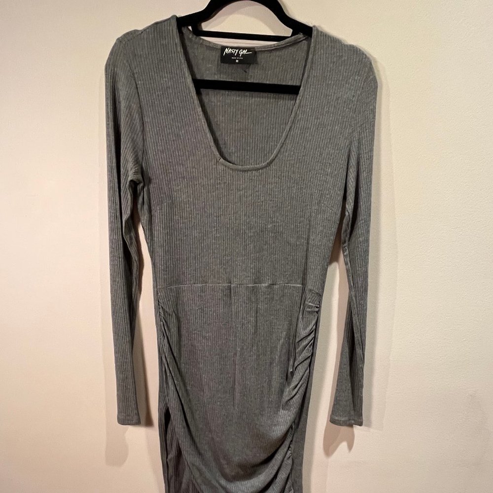 NastyGal Ribbed Grey Knit Wrap Dress